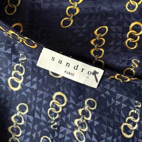 SANDRO Silk Satin Chain Print Draped V-Neck Long Bell Sleeve Ruffle Hem Dress XS - Picture 8 of 11